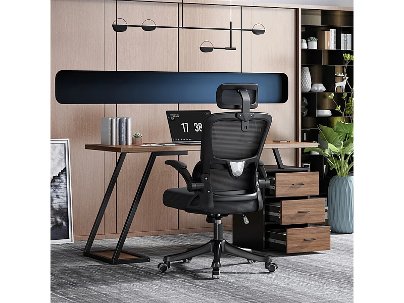 Bureau avec 3 rangement de tiroirs - plateau en bois - MDF et Métal - Marron + Noir - 138,5x58x75cm