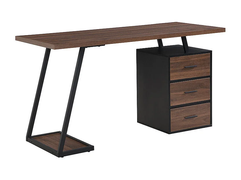 Bureau avec 3 rangement de tiroirs - plateau en bois - MDF et Métal - Marron + Noir - 138,5x58x75cm