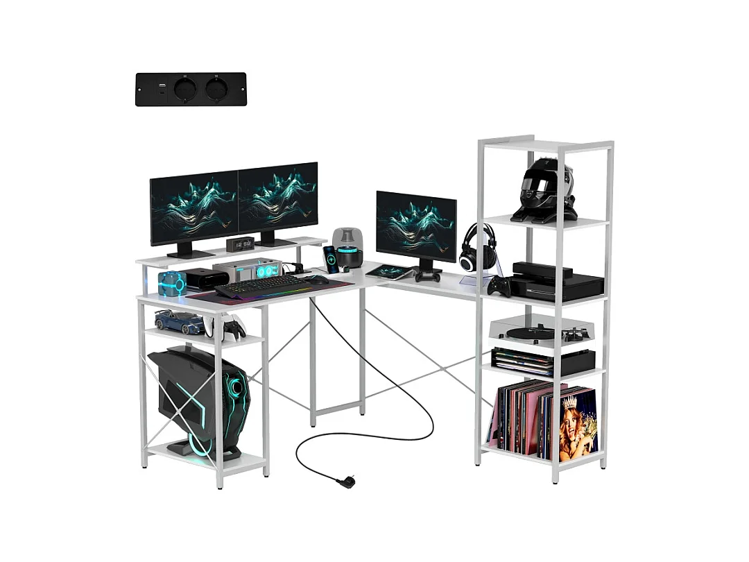 L-Schreibtisch mit Regal, Monitorständer, Steckdose, USB und Type-C, Weiß, 137x140x139,5cm
