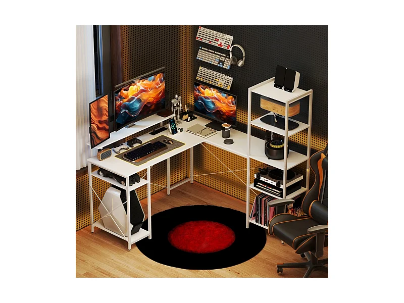 L-Schreibtisch mit Regal, Monitorständer, Steckdose, USB und Type-C, Weiß, 137x140x139,5cm