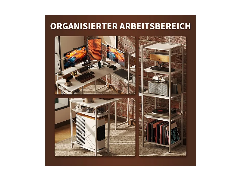 L-Schreibtisch mit Regal, Monitorständer, Steckdose, USB und Type-C, Weiß, 137x140x139,5cm