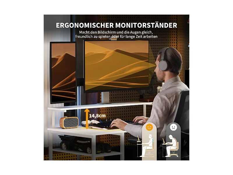 L-Schreibtisch mit Regal, Monitorständer, Steckdose, USB und Type-C, Weiß, 137x140x139,5cm