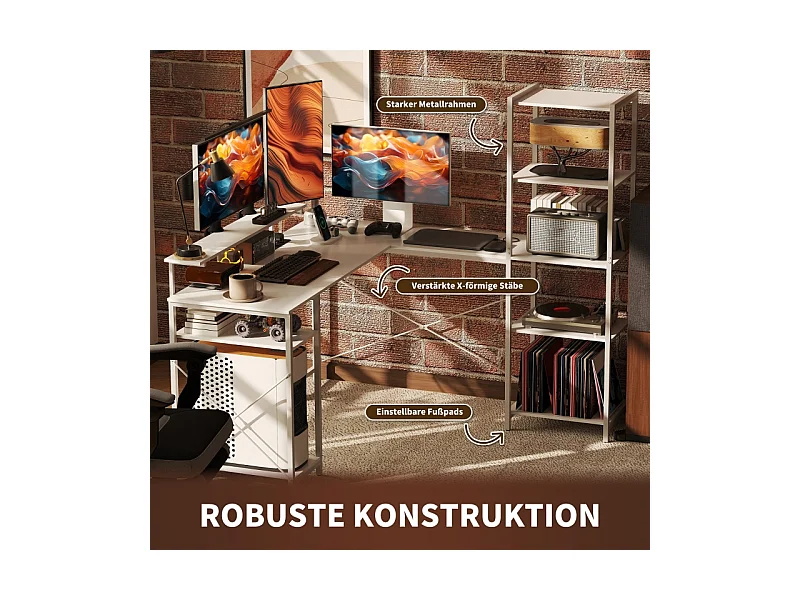 L-Schreibtisch mit Regal, Monitorständer, Steckdose, USB und Type-C, Weiß, 137x140x139,5cm