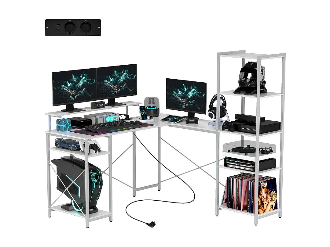 L-Schreibtisch mit Regal, Monitorständer, Steckdose, USB und Type-C, Weiß, 137x140x139,5cm