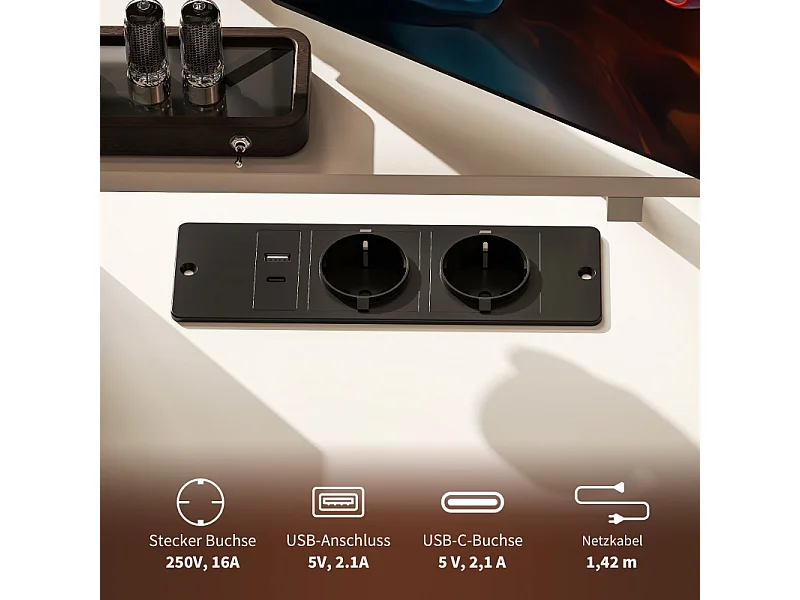 L-Schreibtisch mit Regal, Monitorständer, Steckdose, USB und Type-C, Weiß, 137x140x139,5cm