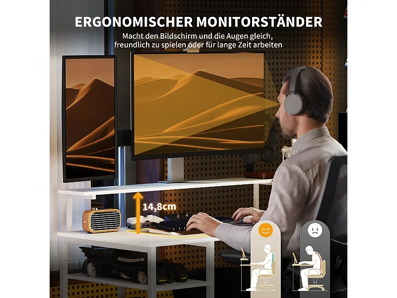 L-Schreibtisch mit Regal, Monitorständer, Steckdose, USB und Type-C, Weiß, 137x140x139,5cm