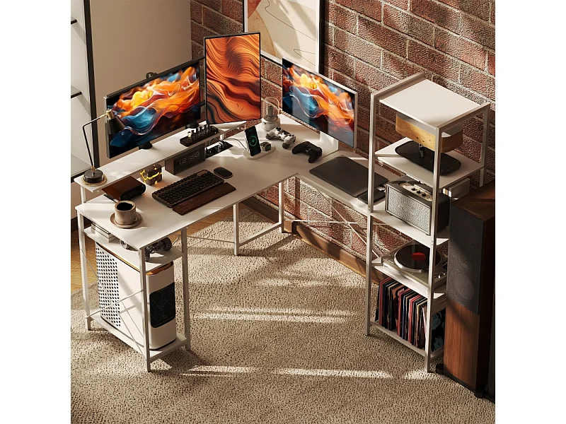 L-Schreibtisch mit Regal, Monitorständer, Steckdose, USB und Type-C, Weiß, 137x140x139,5cm