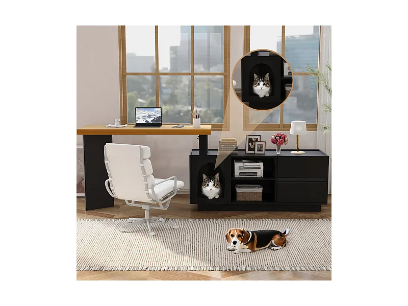 Bureau d'ordinateur d’angle pivotant - avec 2 tiroirs et 2 niches - niche XL pour animaux - MDF - 120x50x75cm
