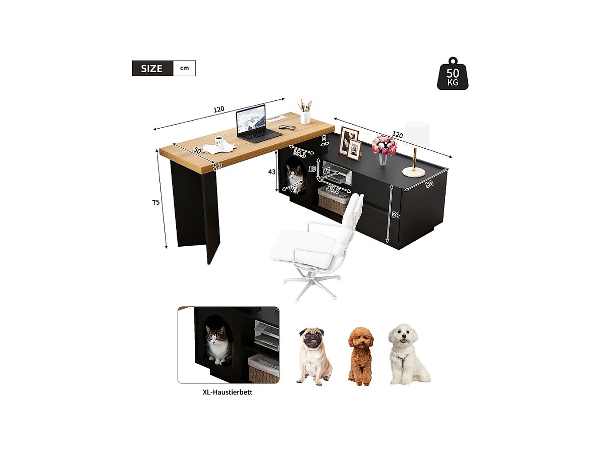 Bureau d'ordinateur d’angle pivotant - avec 2 tiroirs et 2 niches - niche XL pour animaux - MDF - 120x50x75cm