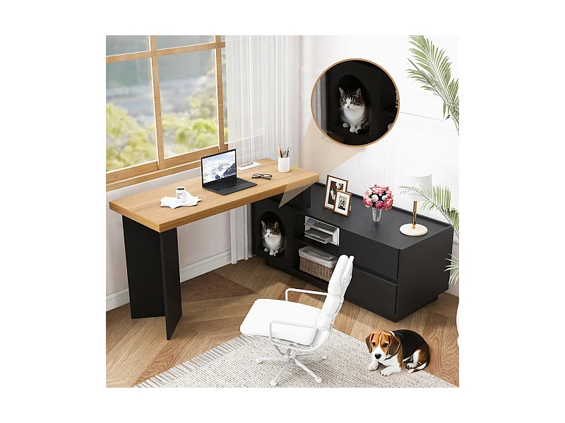 Bureau d'ordinateur d’angle pivotant - avec 2 tiroirs et 2 niches - niche XL pour animaux - MDF - 120x50x75cm