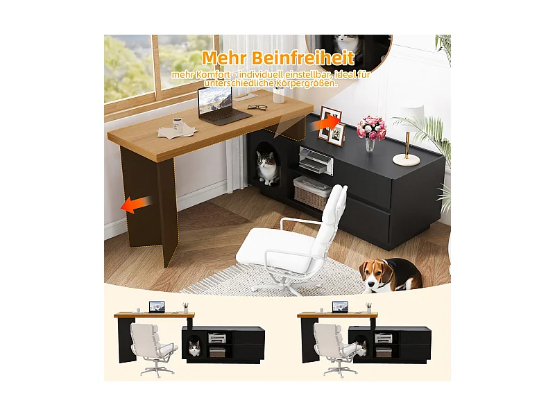 Bureau d'ordinateur d’angle pivotant - avec 2 tiroirs et 2 niches - niche XL pour animaux - MDF - 120x50x75cm