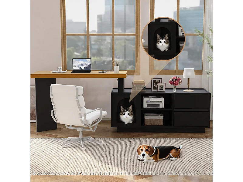 Bureau d'ordinateur d’angle pivotant - avec 2 tiroirs et 2 niches - niche XL pour animaux - MDF - 120x50x75cm
