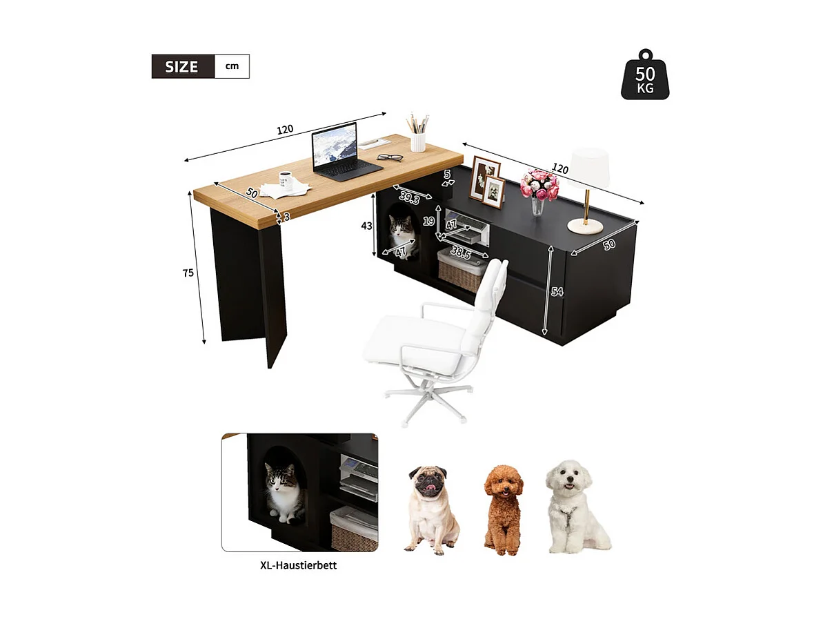 Bureau d'ordinateur d’angle pivotant - avec 2 tiroirs et 2 niches - niche XL pour animaux - MDF - 120x50x75cm