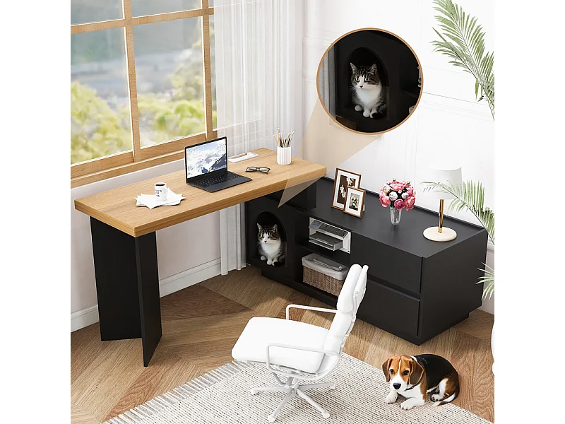 Bureau d'ordinateur d’angle pivotant - avec 2 tiroirs et 2 niches - niche XL pour animaux - MDF - 120x50x75cm