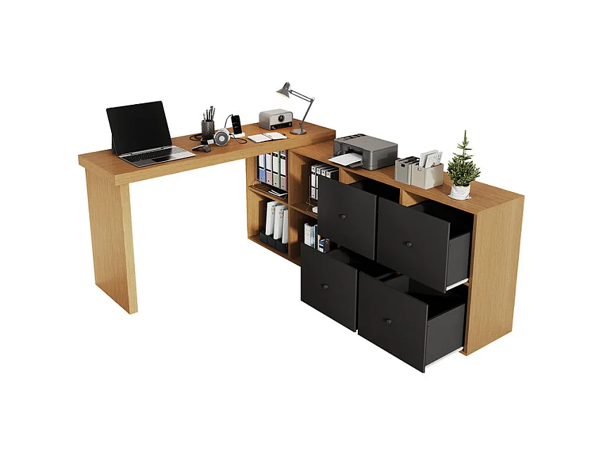 Bureau informatique d’angle en MDF - avec 4 tiroirs et 4 niches - 360° pivotant - 120x140x78cm