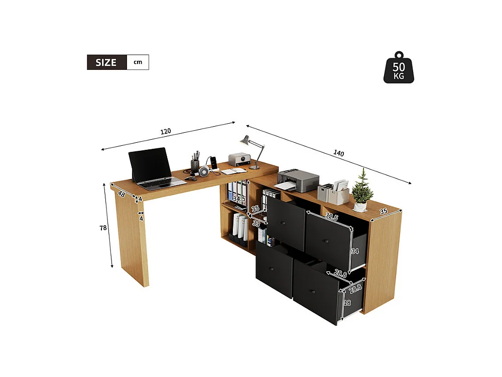 Bureau informatique d’angle en MDF - avec 4 tiroirs et 4 niches - 360° pivotant - 120x140x78cm