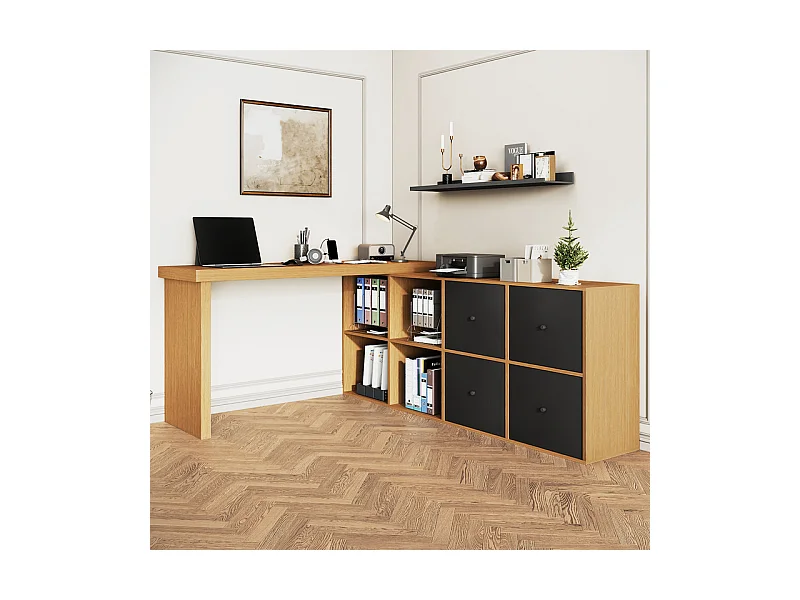 Bureau informatique d’angle en MDF - avec 4 tiroirs et 4 niches - 360° pivotant - 120x140x78cm