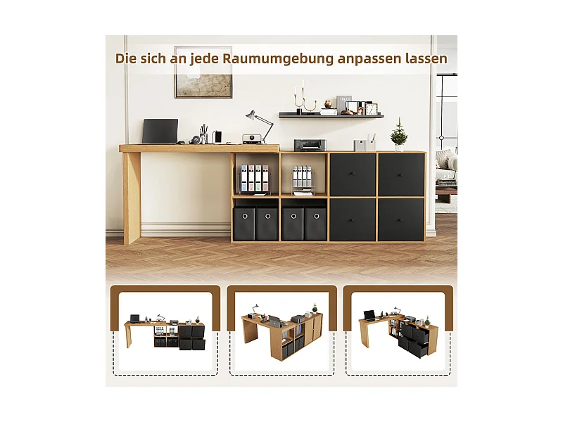 Bureau informatique d’angle en MDF - avec 4 tiroirs et 4 niches - 360° pivotant - 120x140x78cm