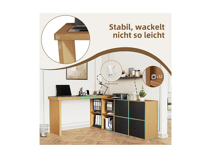 Bureau informatique d’angle en MDF - avec 4 tiroirs et 4 niches - 360° pivotant - 120x140x78cm