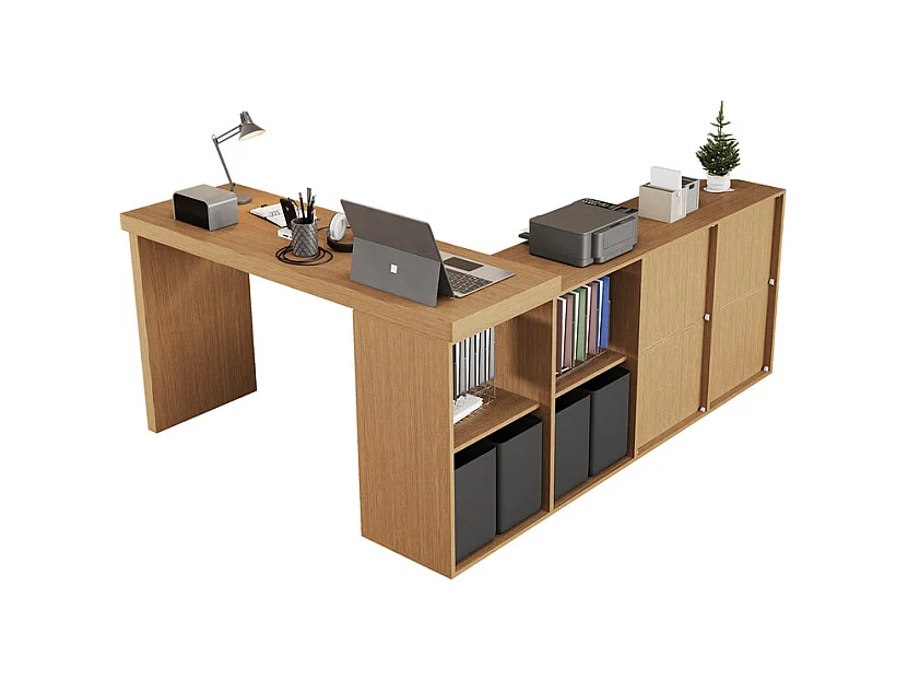Bureau informatique d’angle en MDF - avec 4 tiroirs et 4 niches - 360° pivotant - 120x140x78cm