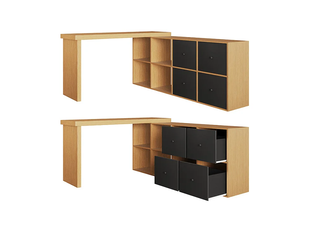 Bureau informatique d’angle en MDF - avec 4 tiroirs et 4 niches - 360° pivotant - 120x140x78cm