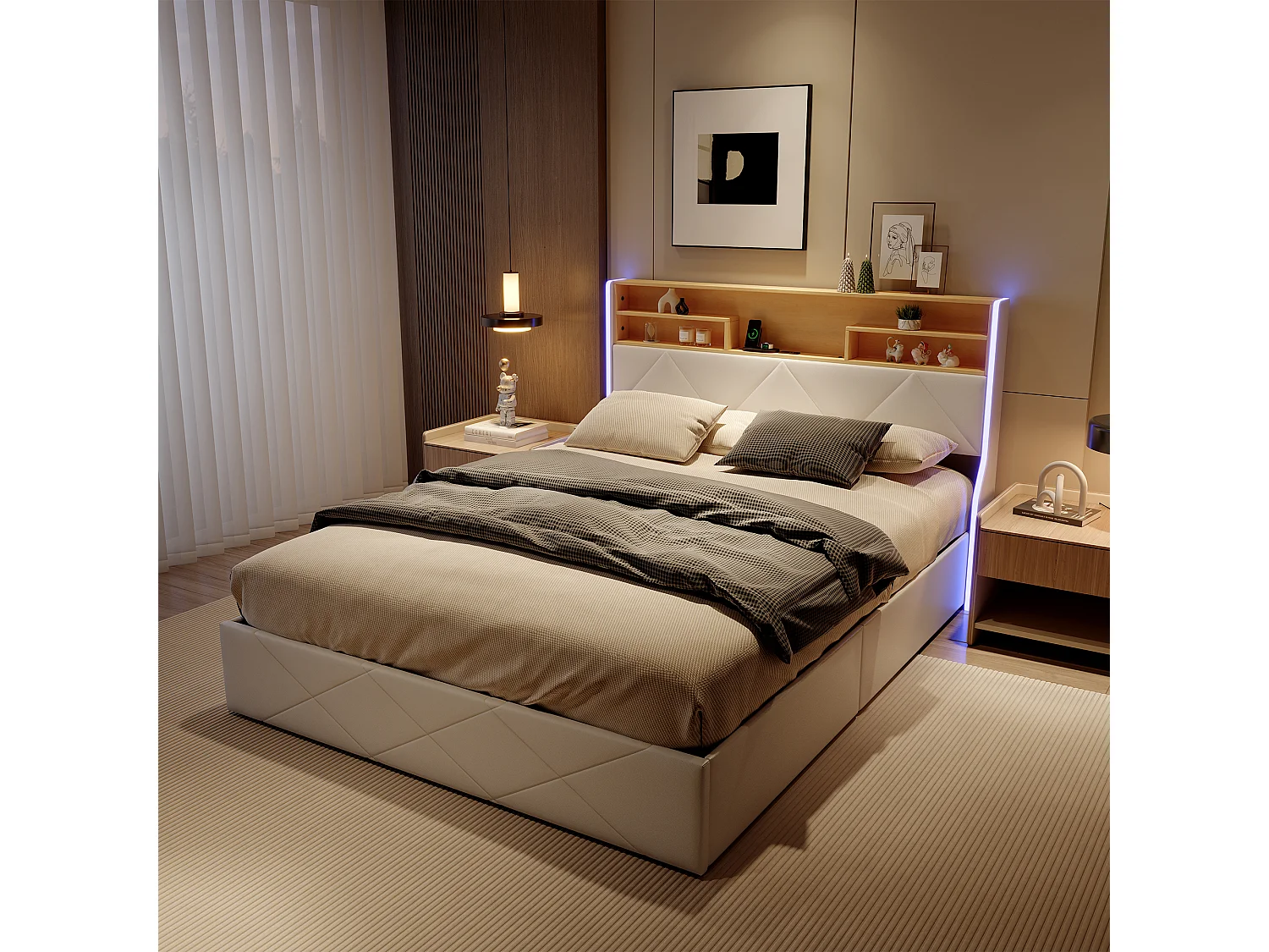 160x200 cm seng med opbevaring, hovedgærde, USB/Type-C-port og RGB LED-belysning – Hvid PU og lys eg
