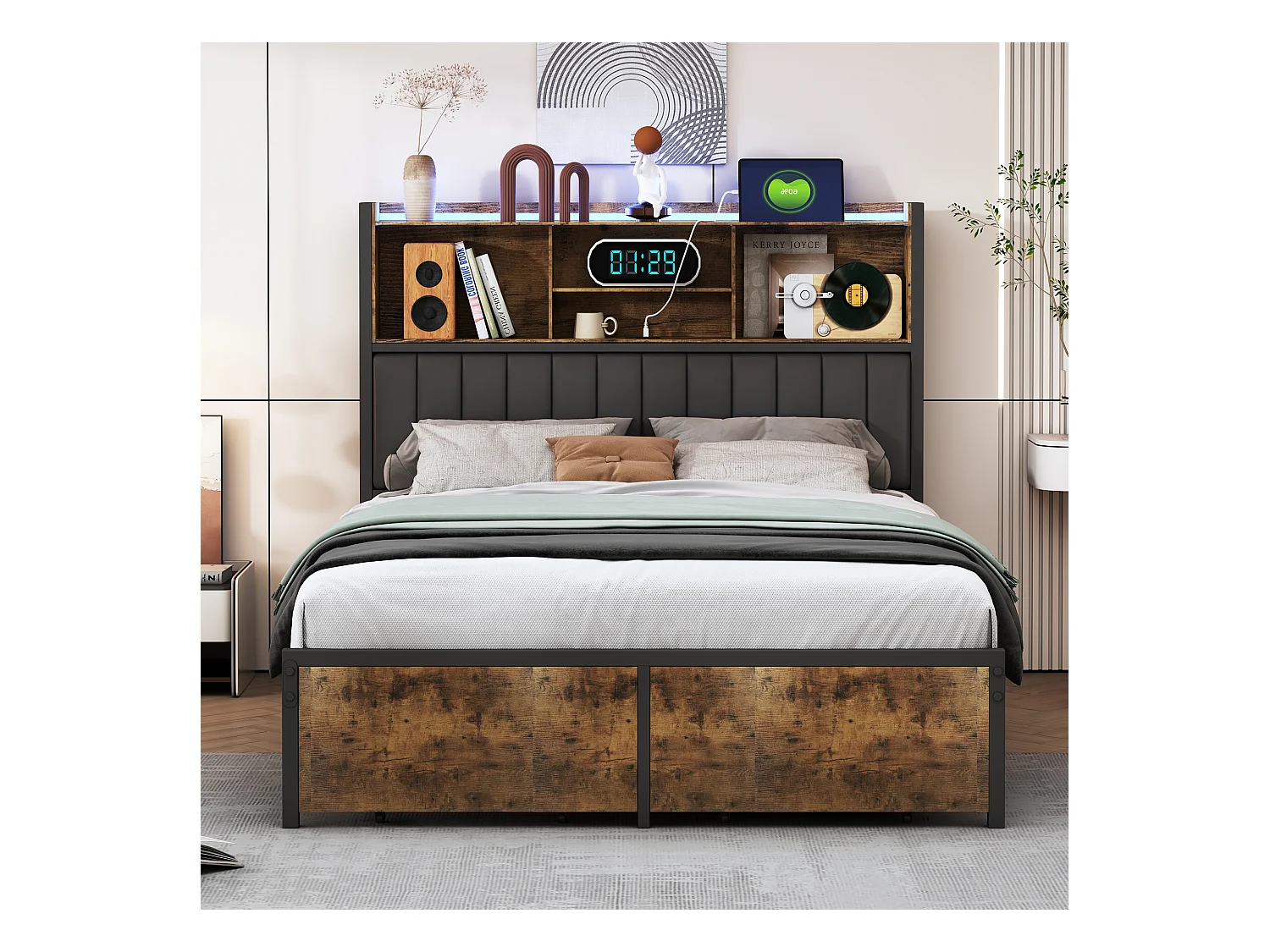 Letto matrimoniale 160x200 cm in metallo e legno con testiera imbottita in PU, illuminazione LED RGB, stazione di ricarica USB/Type-C e 2 cassetti portaoggetti