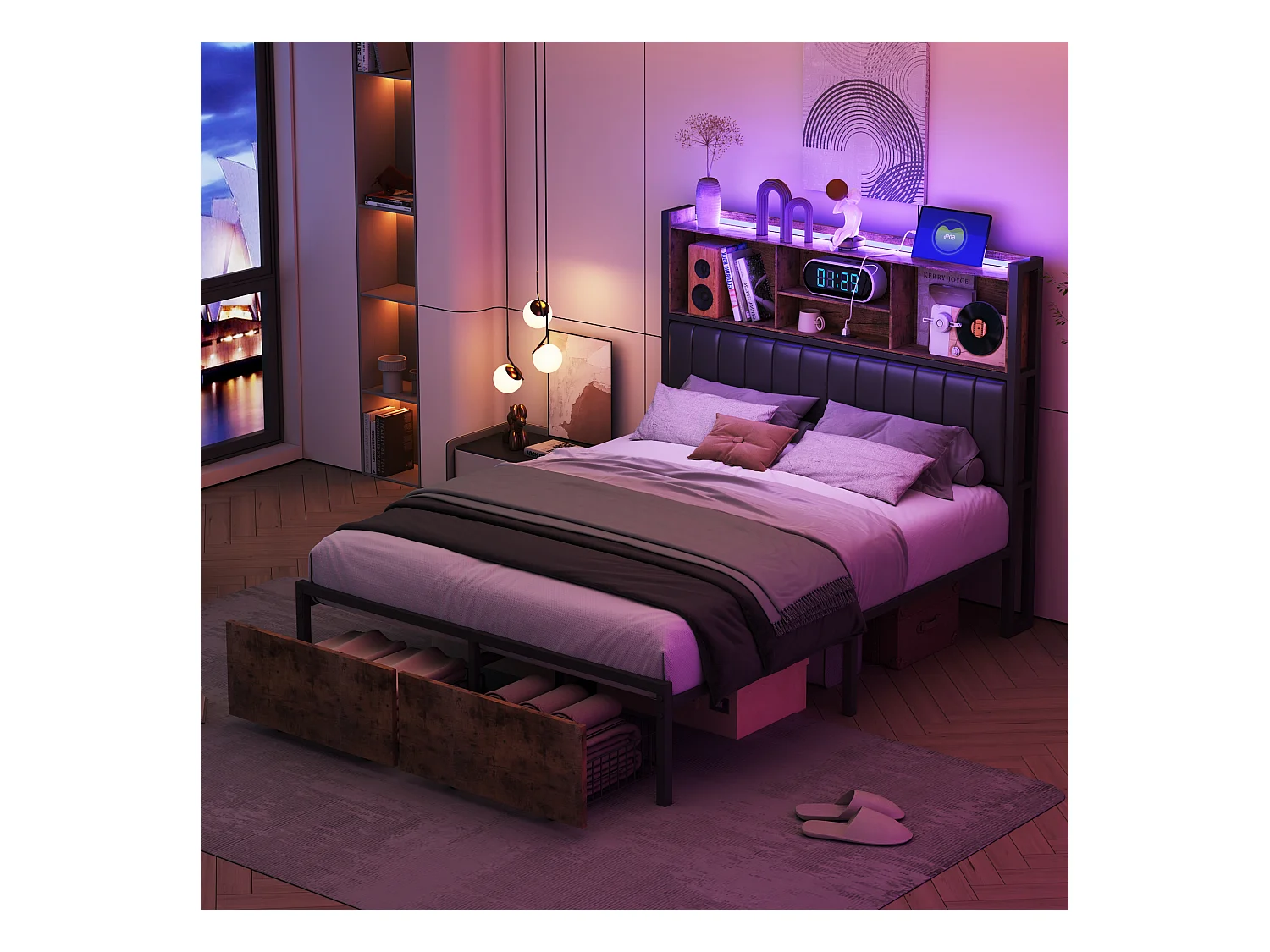 Lit double 160x200 cm en métal et bois avec tête de lit rembourrée PU, éclairage LED RGB, station de charge USB/Type-C et 2 tiroirs de rangement