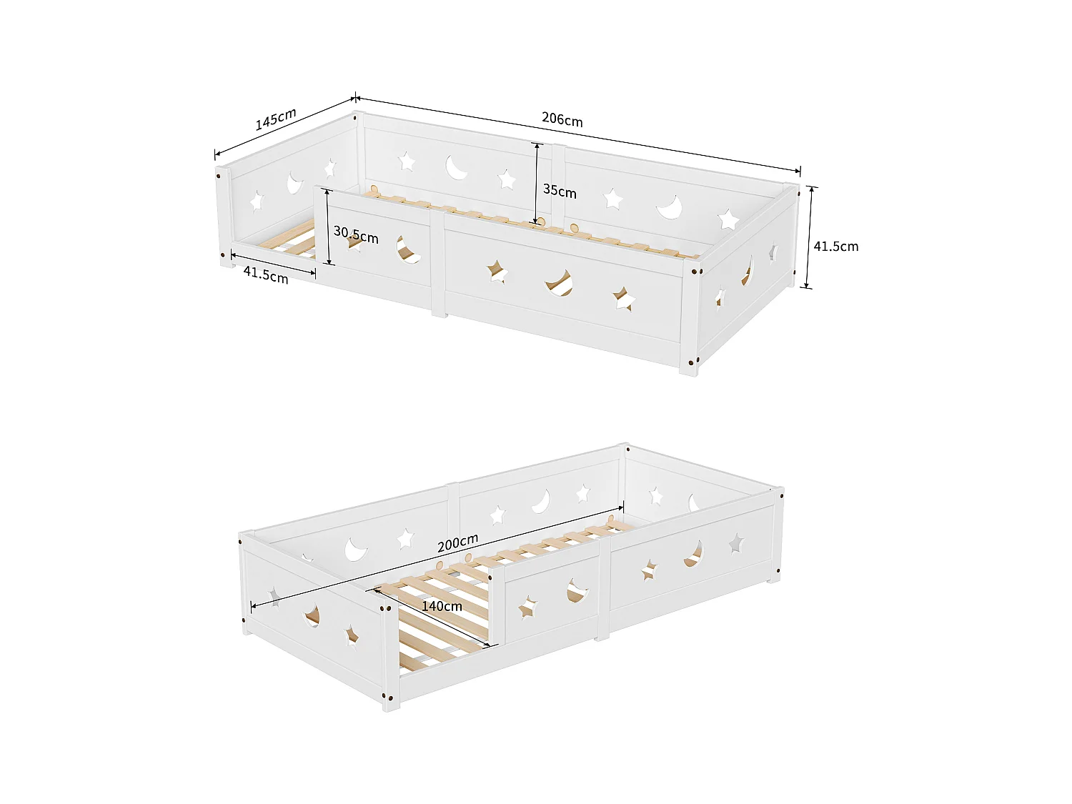 Lit enfant Montessori 140x200 cm en bois massif de pin avec barrière de sécurité et motifs lune et étoiles – Blanc