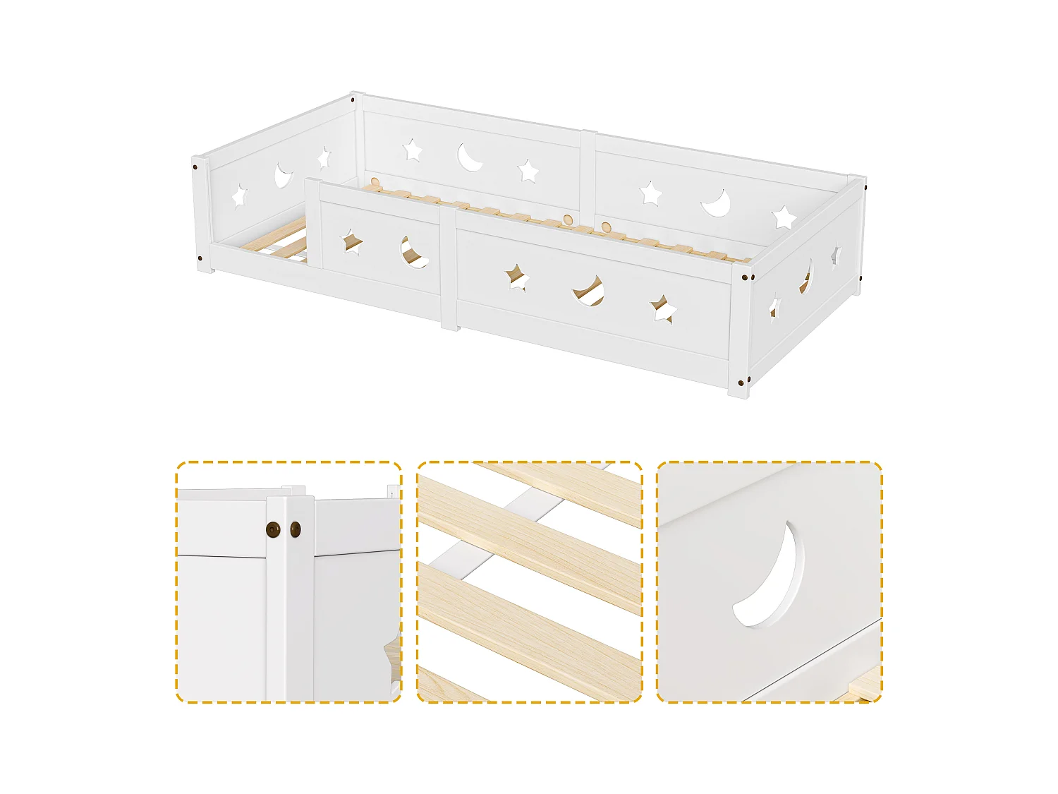 Lit enfant Montessori 140x200 cm en bois massif de pin avec barrière de sécurité et motifs lune et étoiles – Blanc