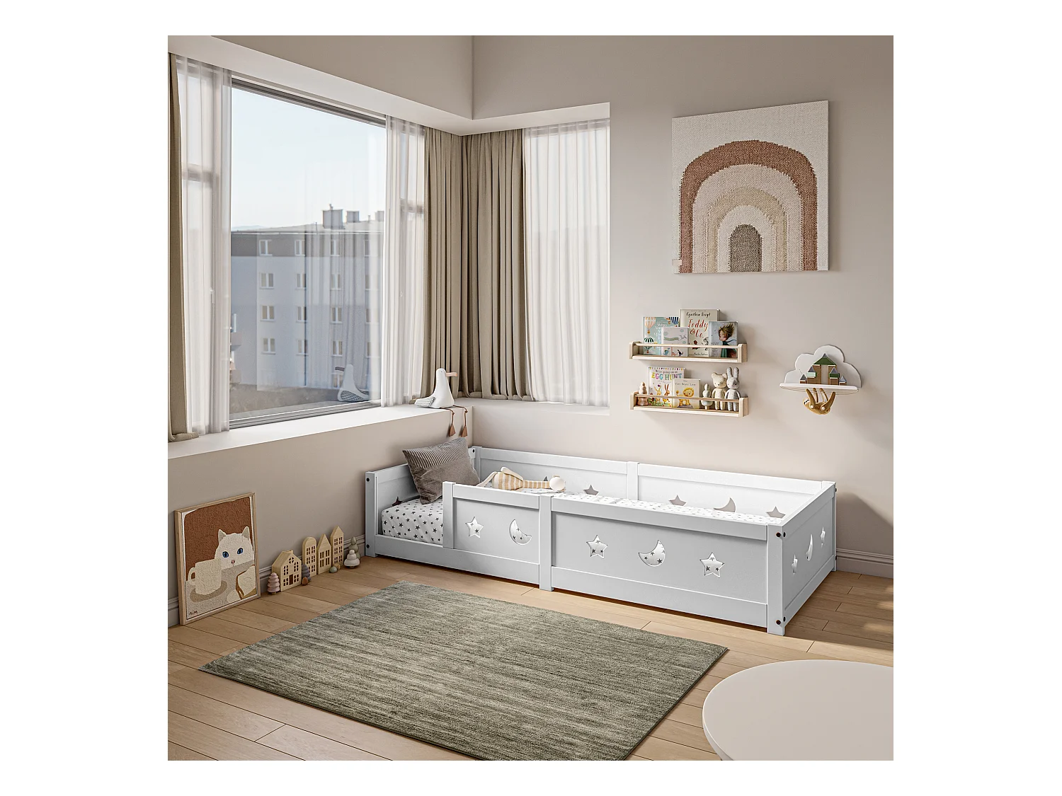 Lit enfant Montessori 140x200 cm en bois massif de pin avec barrière de sécurité et motifs lune et étoiles – Blanc