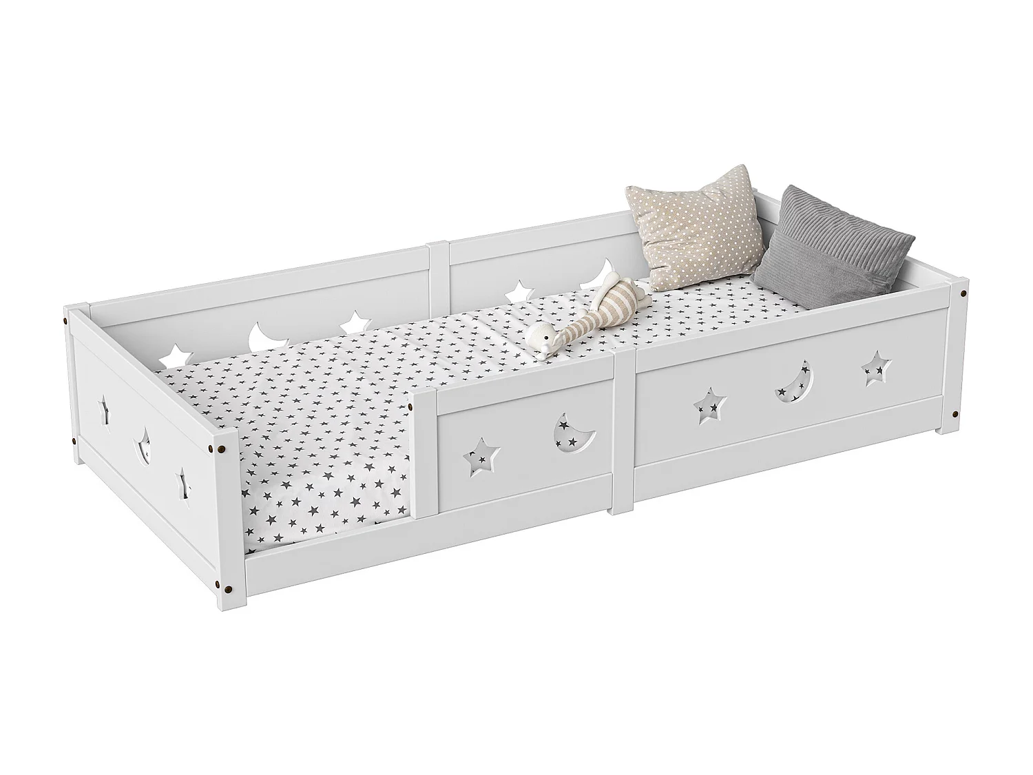Lit enfant Montessori 140x200 cm en bois massif de pin avec barrière de sécurité et motifs lune et étoiles – Blanc