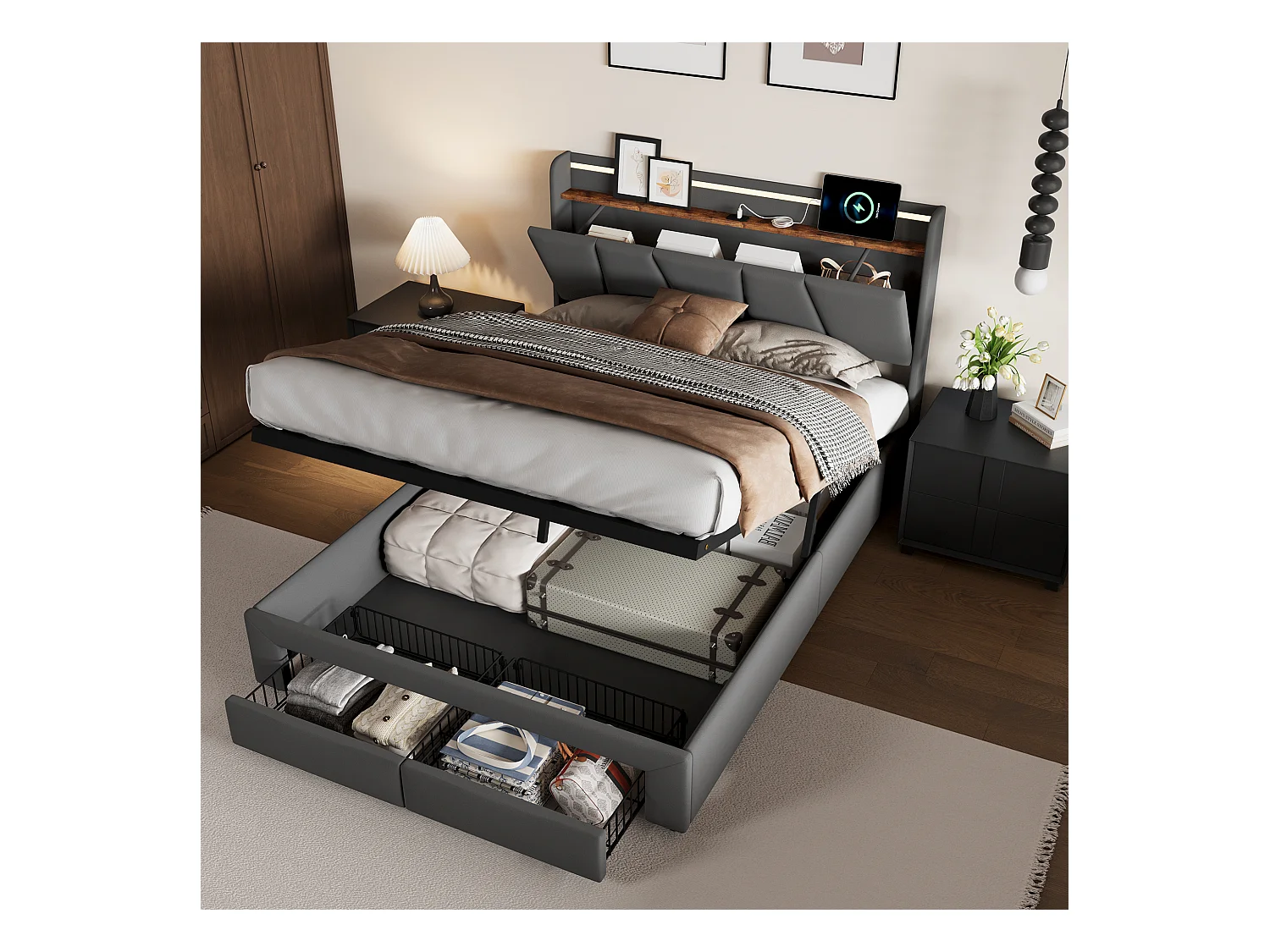 Bett mit Stauraum für Erwachsene mit mehrfarbigen LEDs, Kopfteil mit Stauraum, 2 Schubladen + USB- und Typ-C-Anschlüssen – 140 x 190 cm – Dunkelgrau