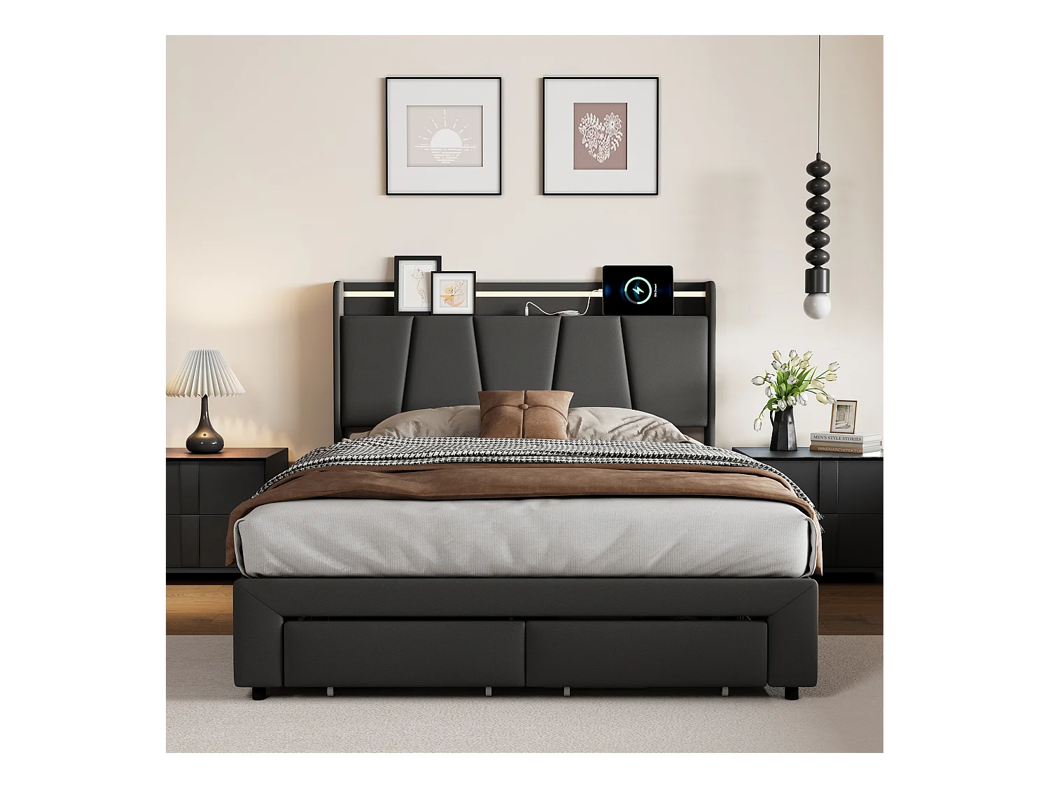 Bett mit Stauraum für Erwachsene mit mehrfarbigen LEDs, Kopfteil mit Stauraum, 2 Schubladen + USB- und Typ-C-Anschlüssen – 140 x 190 cm – Dunkelgrau