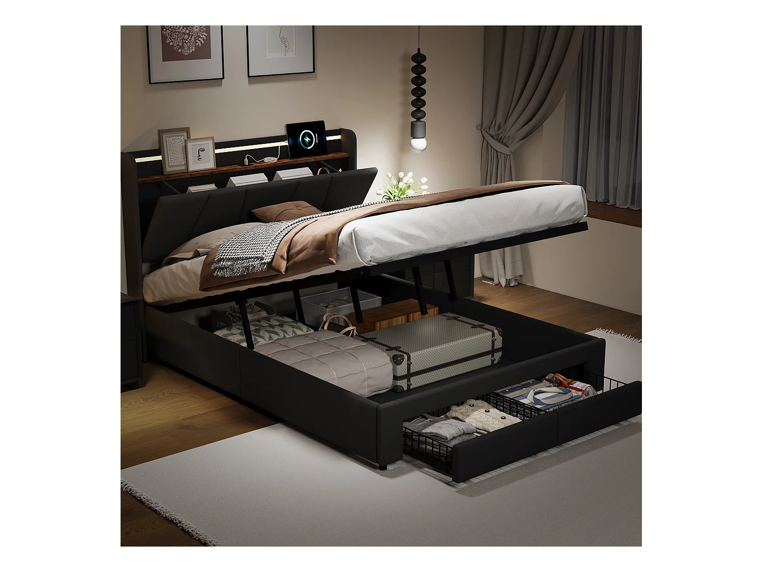 Bett mit Stauraum für Erwachsene mit mehrfarbigen LEDs, Kopfteil mit Stauraum, 2 Schubladen + USB- und Typ-C-Anschlüssen – 140 x 190 cm – Dunkelgrau