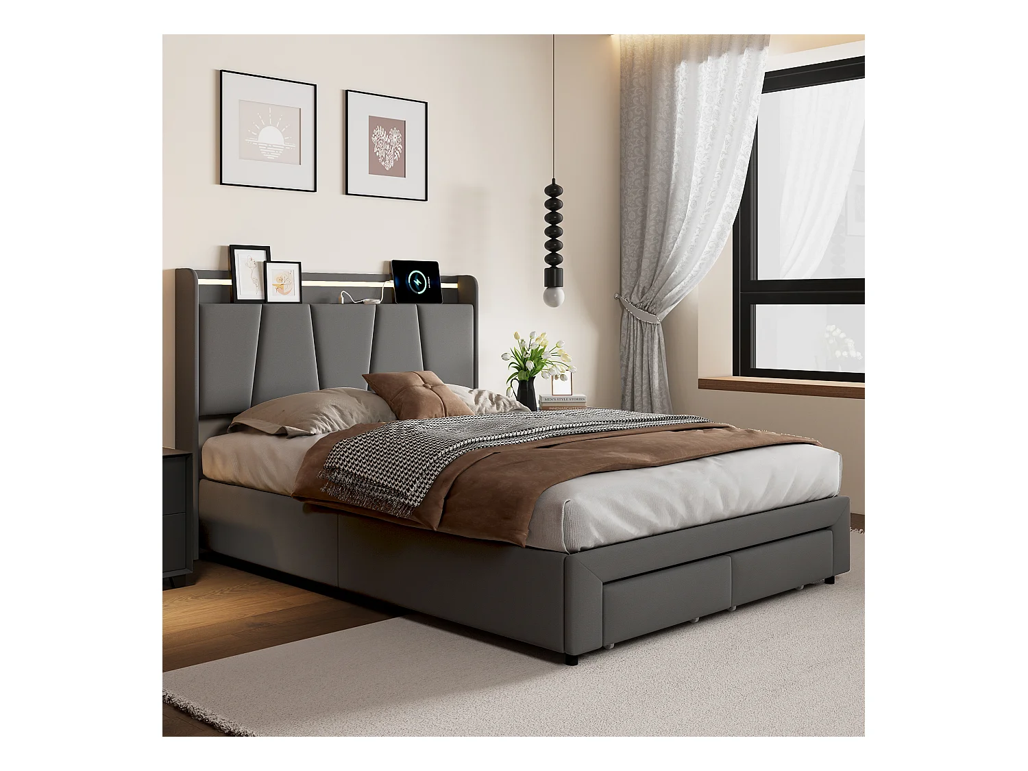 Bett mit Stauraum für Erwachsene mit mehrfarbigen LEDs, Kopfteil mit Stauraum, 2 Schubladen + USB- und Typ-C-Anschlüssen – 140 x 190 cm – Dunkelgrau