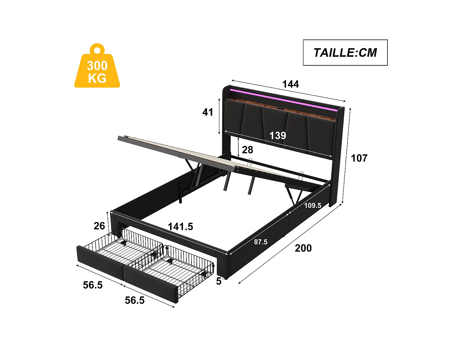 Bett mit Stauraum für Erwachsene mit mehrfarbigen LEDs, Kopfteil mit Stauraum, 2 Schubladen + USB- und Typ-C-Anschlüssen – 140 x 190 cm – Dunkelgrau