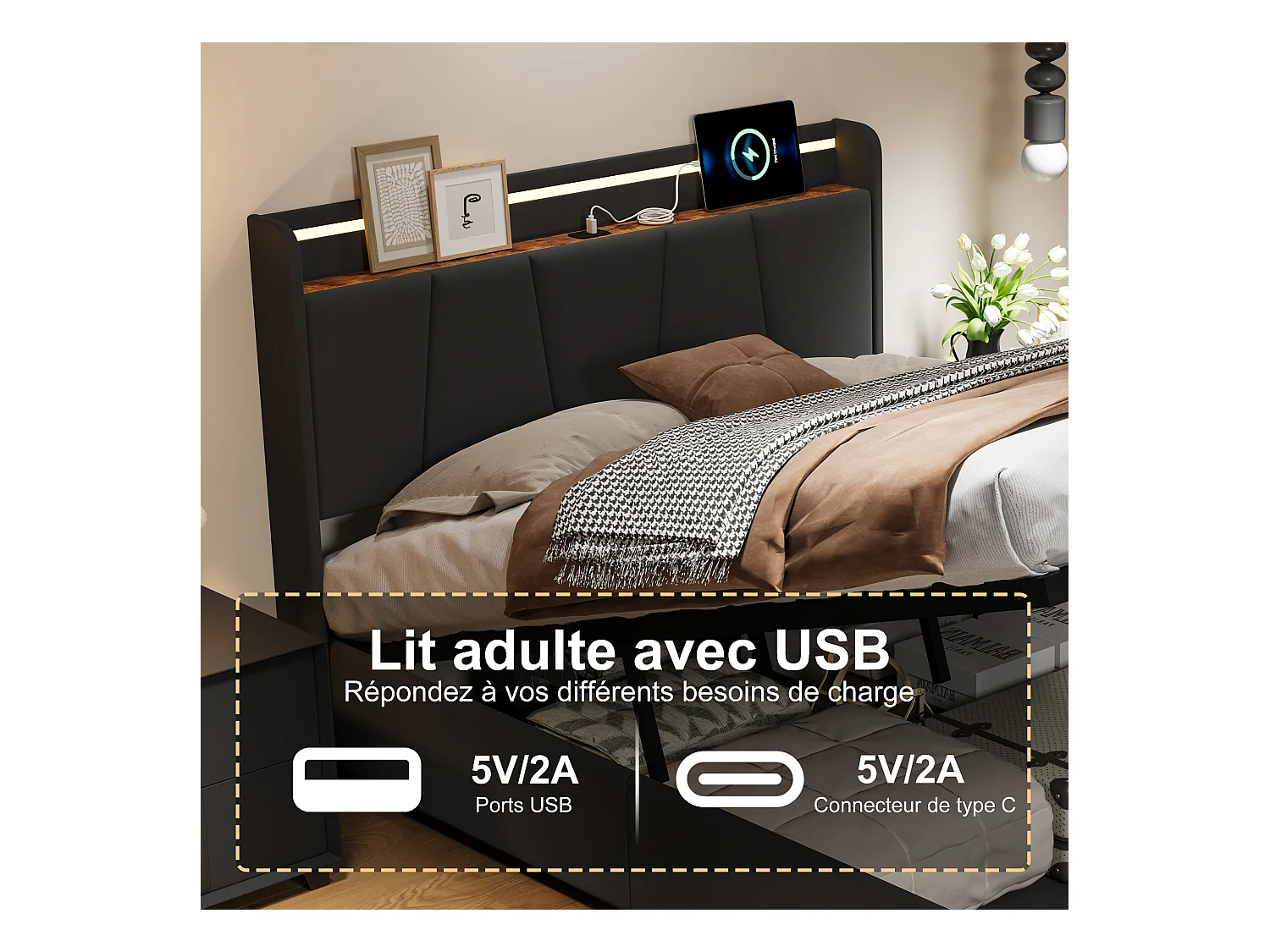 Bett mit Stauraum für Erwachsene mit mehrfarbigen LEDs, Kopfteil mit Stauraum, 2 Schubladen + USB- und Typ-C-Anschlüssen – 140 x 190 cm – Dunkelgrau