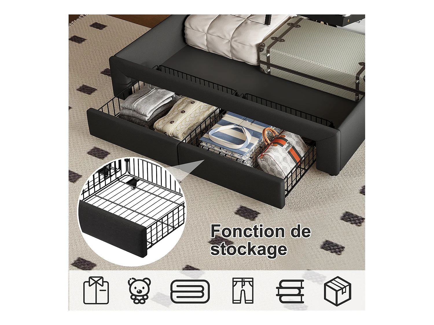 Bett mit Stauraum für Erwachsene mit mehrfarbigen LEDs, Kopfteil mit Stauraum, 2 Schubladen + USB- und Typ-C-Anschlüssen – 140 x 190 cm – Dunkelgrau