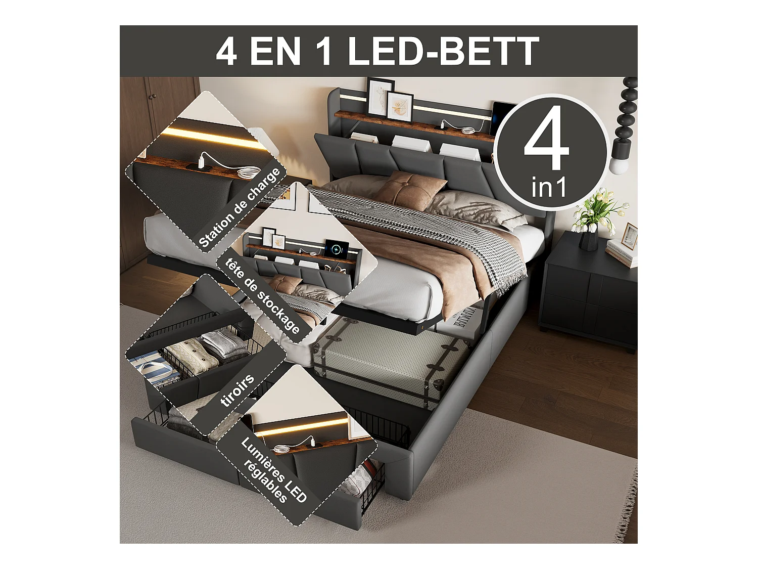 Bett mit Stauraum für Erwachsene mit mehrfarbigen LEDs, Kopfteil mit Stauraum, 2 Schubladen + USB- und Typ-C-Anschlüssen – 140 x 190 cm – Dunkelgrau