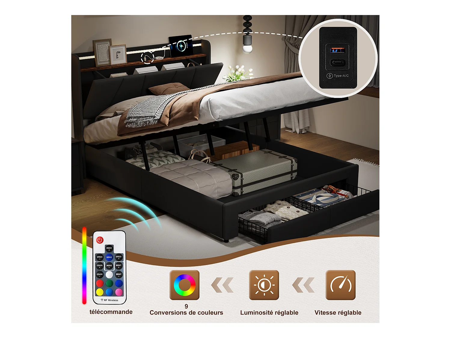 Bett mit Stauraum für Erwachsene mit mehrfarbigen LEDs, Kopfteil mit Stauraum, 2 Schubladen + USB- und Typ-C-Anschlüssen – 140 x 190 cm – Dunkelgrau