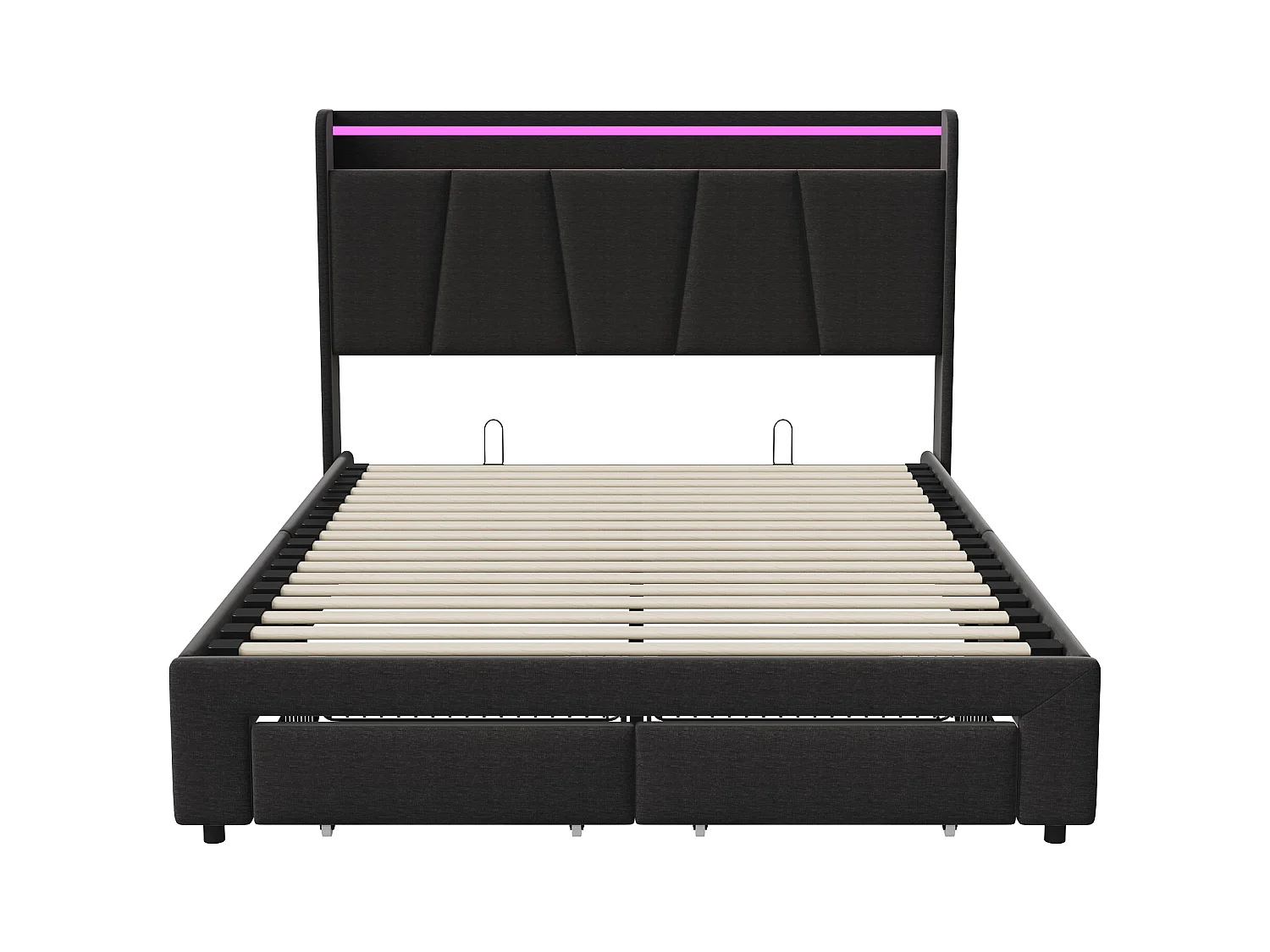 Bett mit Stauraum für Erwachsene mit mehrfarbigen LEDs, Kopfteil mit Stauraum, 2 Schubladen + USB- und Typ-C-Anschlüssen – 140 x 190 cm – Dunkelgrau