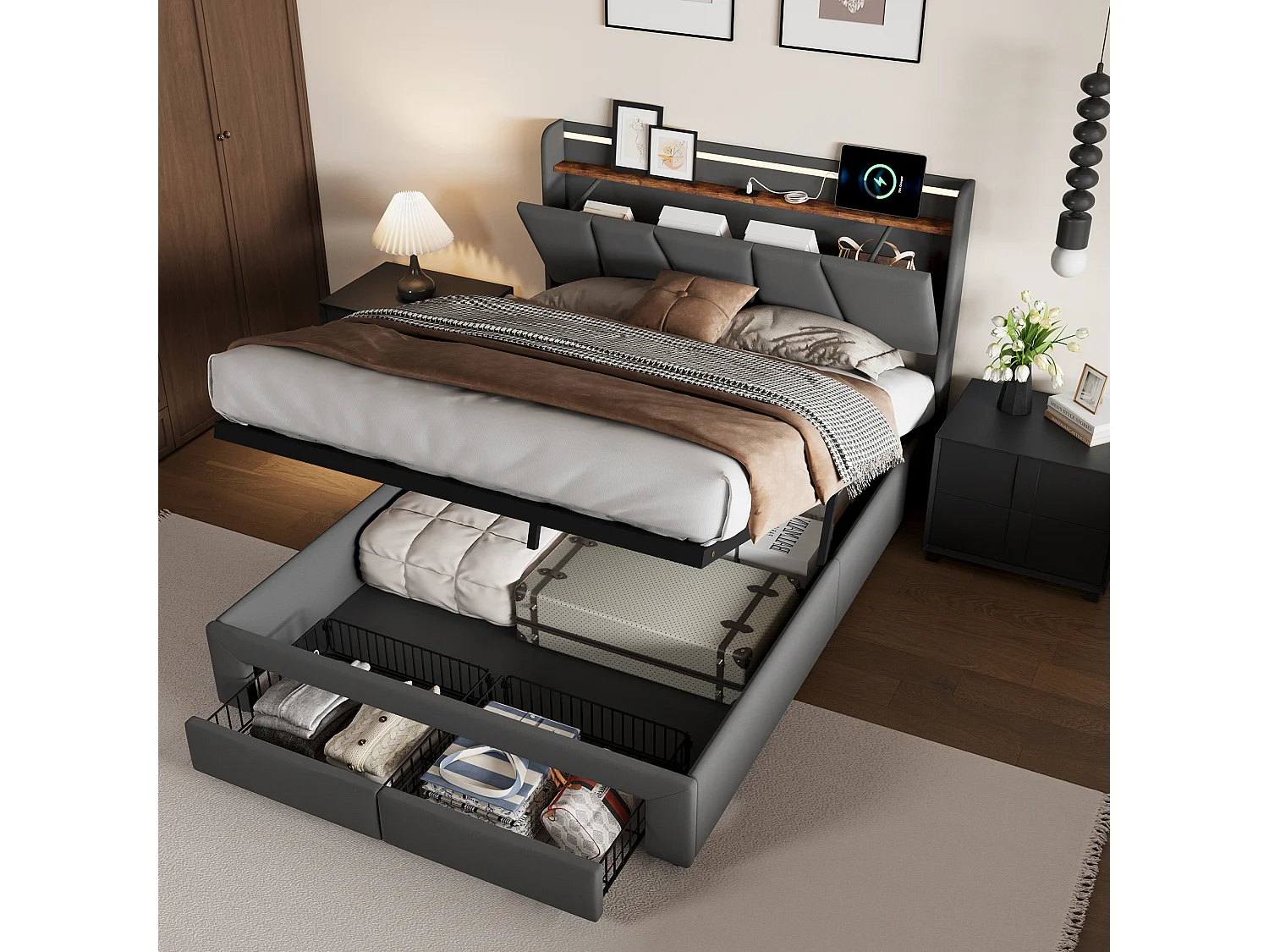 Cama de adulto con canapé con LED multicolor, cabecero con almacenaje, 2 cajones + puertos USB y Tipo C – 140x190 cm – Gris oscuro