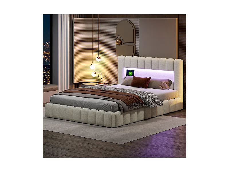 Designer-Bett mit Stauraum aus beigem Stoff im Baumstamm-Stil mit hydraulischen Hebevorrichtungen, RGB-LED-Kopfteil und USB-/Typ-C-Anschlüssen – 140 x 200 cm