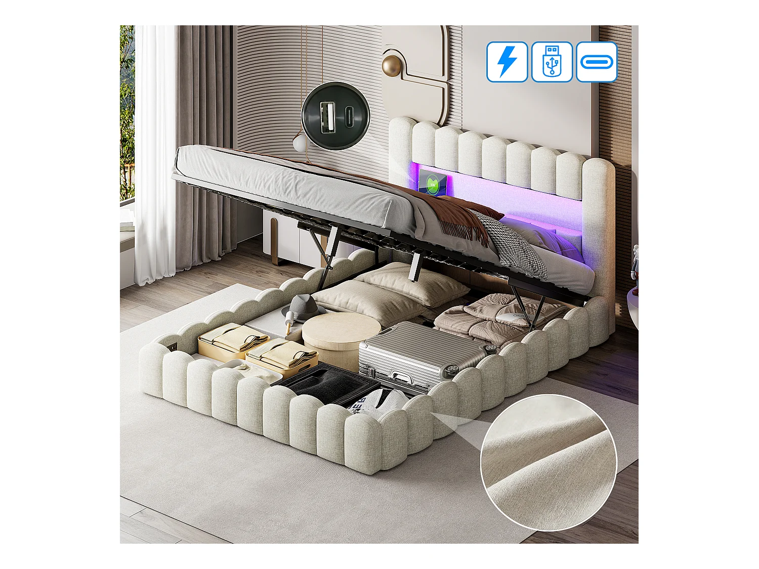 Lit coffre design en tissu beige style tronc d’arbre avec vérins hydrauliques, tête de lit LED RGB et ports USB/Type-C – 140x200 cm