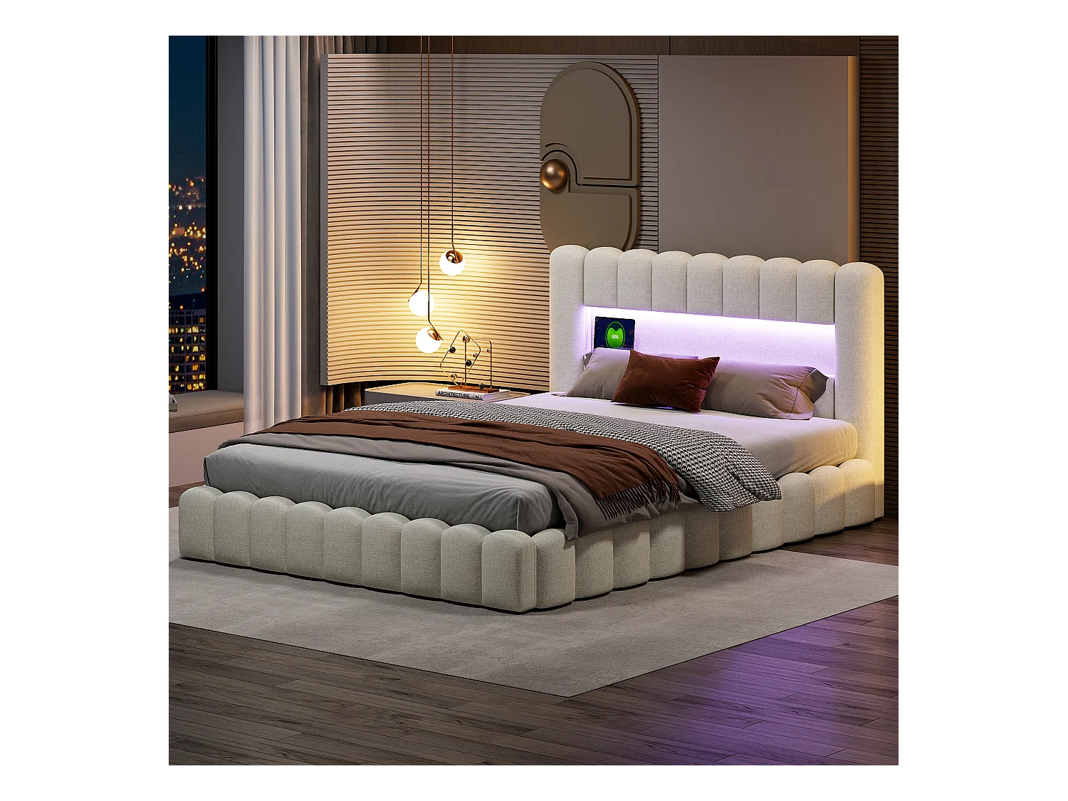 Cama de diseño con almacenaje en tela beige estilo tronco de árbol con gatos hidráulicos, cabecero con LED RGB y puertos USB/Tipo C – 140x200 cm