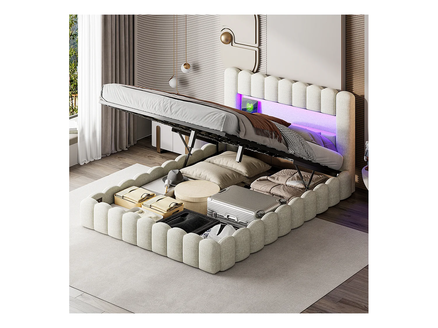 Cama de diseño con almacenaje en tela beige estilo tronco de árbol con gatos hidráulicos, cabecero con LED RGB y puertos USB/Tipo C – 140x200 cm