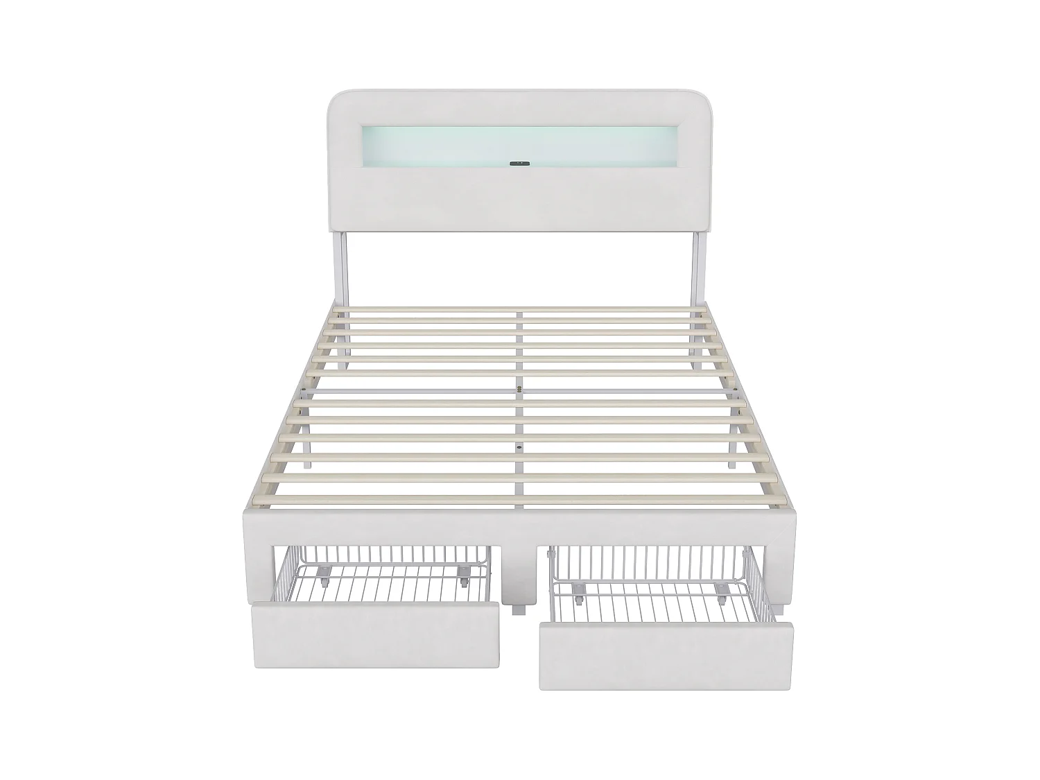 Lit coffre multifonction en velours avec LED, ports USB/Type-C, tête de lit avec rangements et 2 tiroirs, 140x200cm, Beige