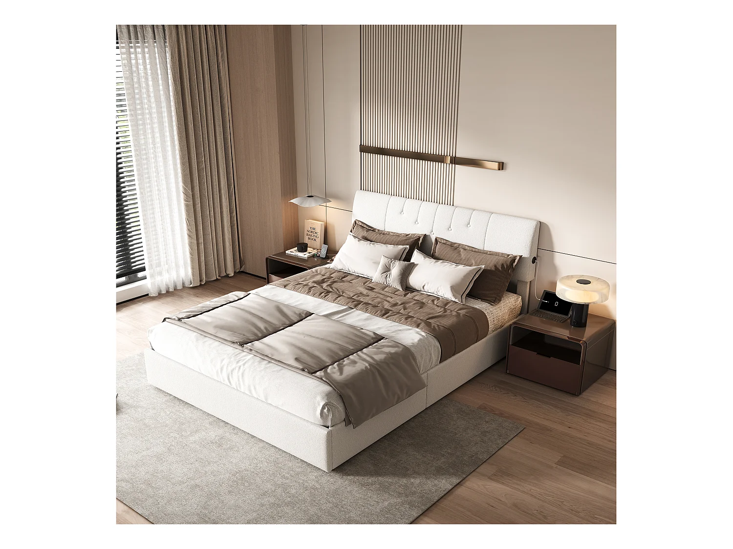 Lit coffre relevable avec tête de lit réglable, ports USB-C & USB, rangement intégré – 140×200cm – Tissu teddy blanc cassé