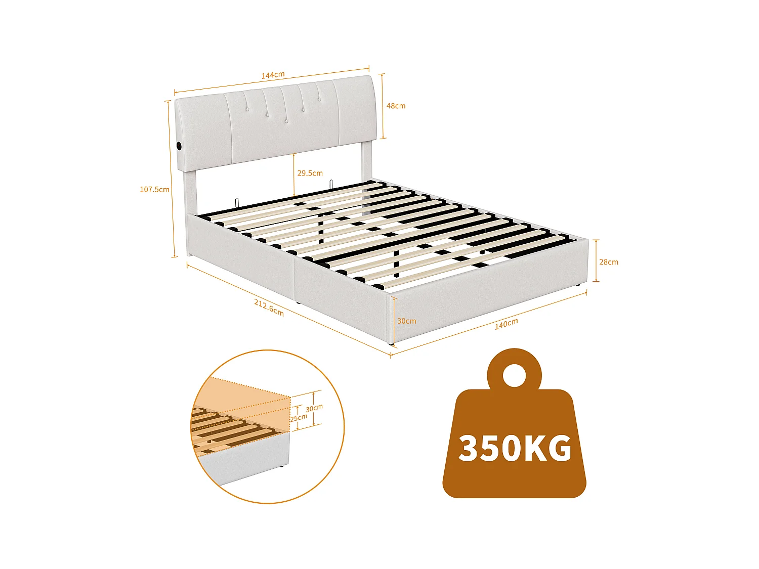 Lit coffre relevable avec tête de lit réglable, ports USB-C & USB, rangement intégré – 140×200cm – Tissu teddy blanc cassé